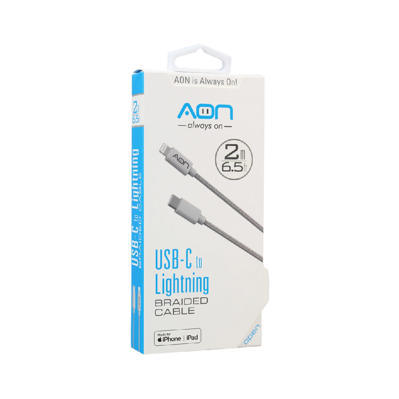 AON USB to Lightning MFI 6.5FT/2M BRAIDED NYLON FIBER - White