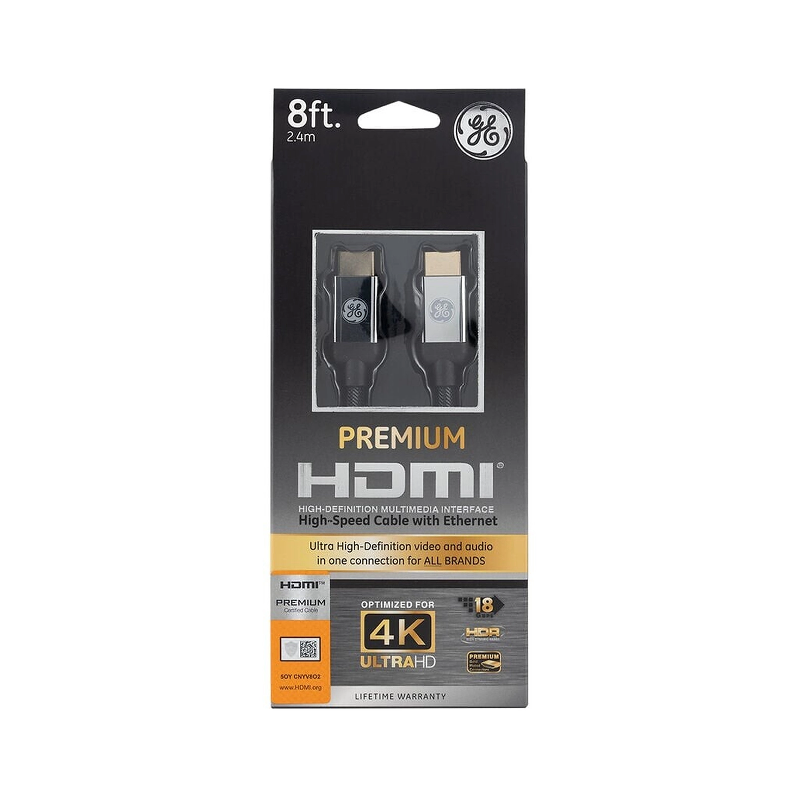 GE UltraPro HDMI 8ft. Cable, High Speed, Ethernet, HDMI Cord, 4K Ultra HD, Full HD 1080P