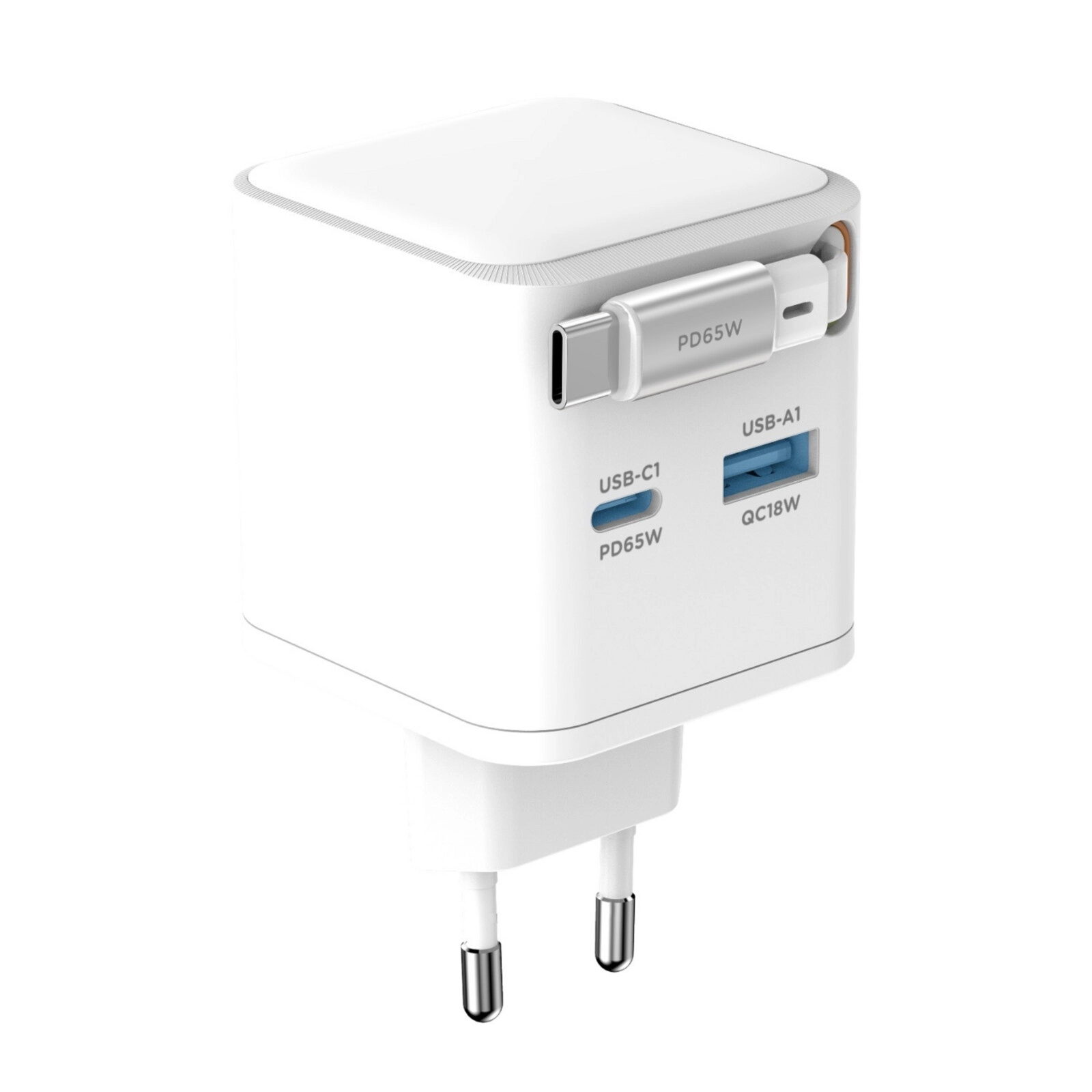 Unno Wall Charger Retractable GaN 65W Dual USB A & C - PW5072WT