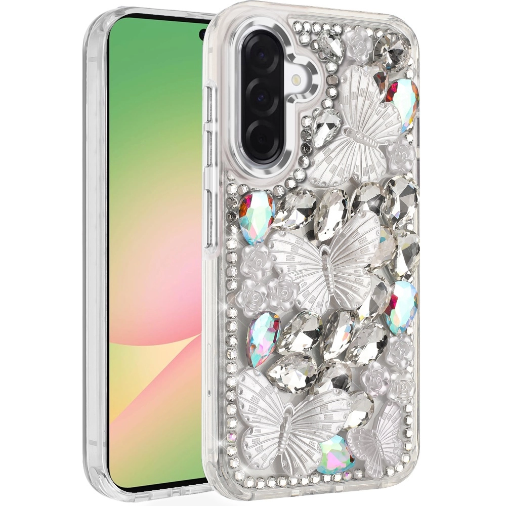 Case For Samsung A57 Lavished Floral Butterfly Bling Stones Hybrid Case - Silver (QBMNLVSH-A57-Silv)