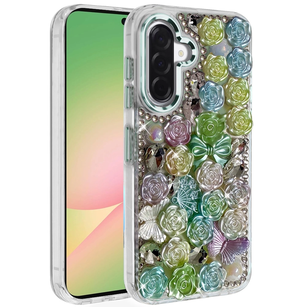 Case For Samsung A57 Muti-Color Floral Bling Stones Ornaments Case - Green (QBMNDMFLR-A57-GRN)