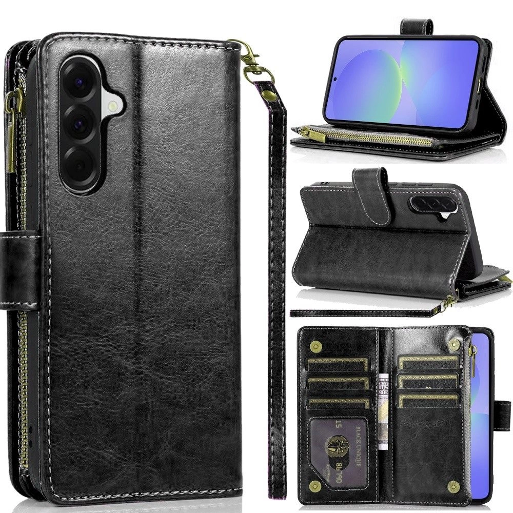 Case For Samsung A37 Luxury Wallet Card ID Zipper Money Holder Case Cover - Black (QBWLT-A37-BK)