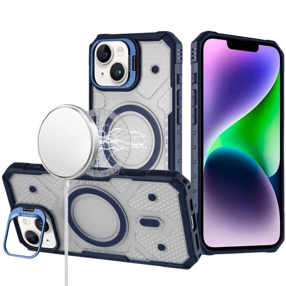 Case For iPhone 13/14 Tough Dotted Design HQ Hybrid with Metallic Camera Stand (MGJ9-ip14-Blue)