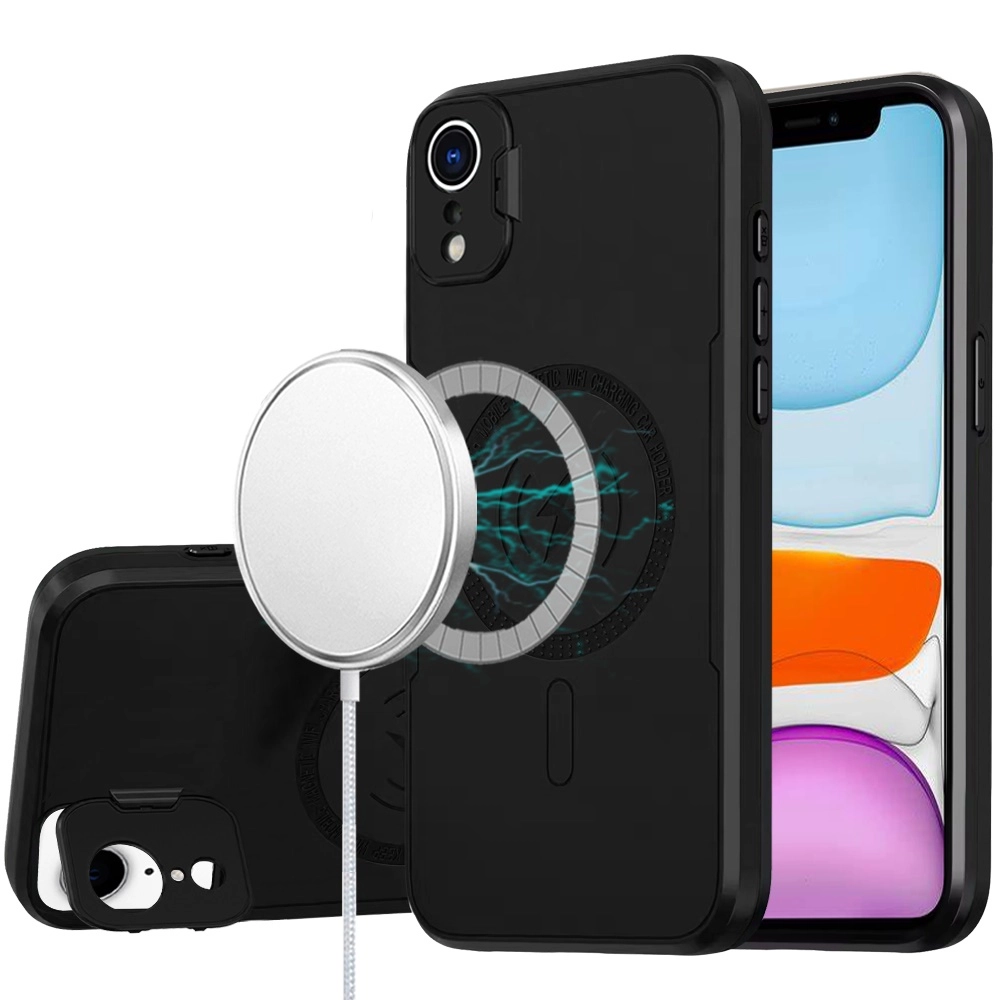 Case For iPhone XR Magnetic Ring Circle Camera Cap KickStand Hybrid UV Paint Matte Finish Case (MGCAP-iPXR-BK)