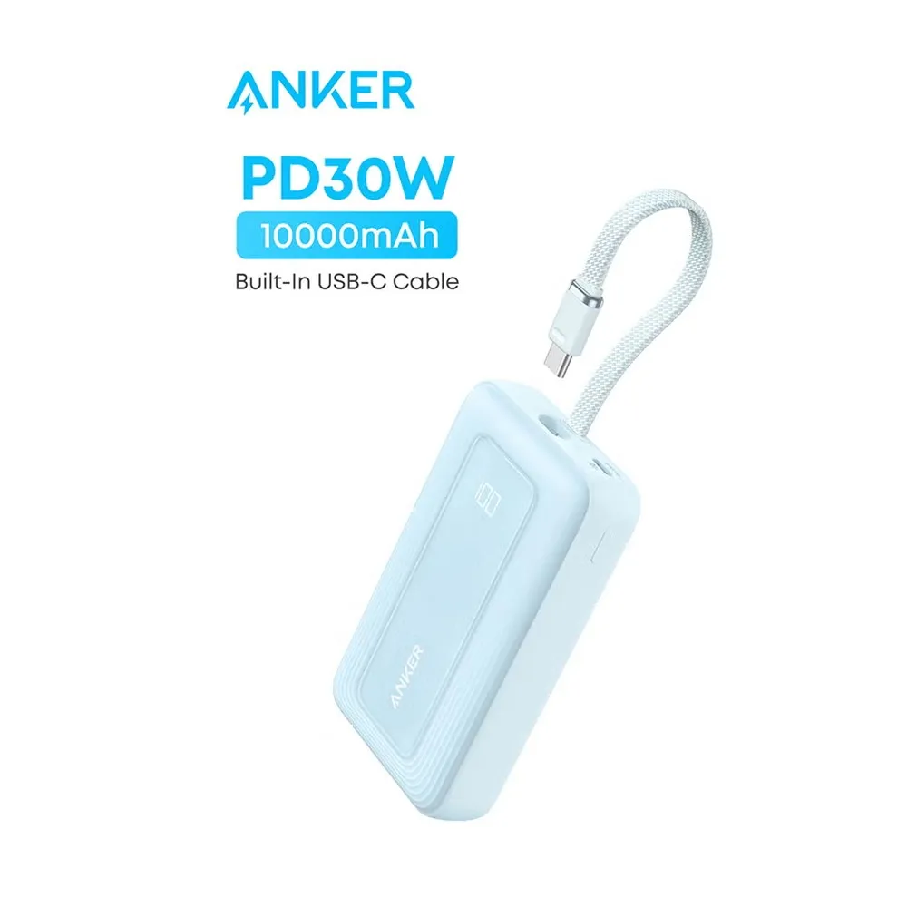 Anker 10,000mAh 30W Power Bank with Built-In USB-C and Lightning Cables Blue